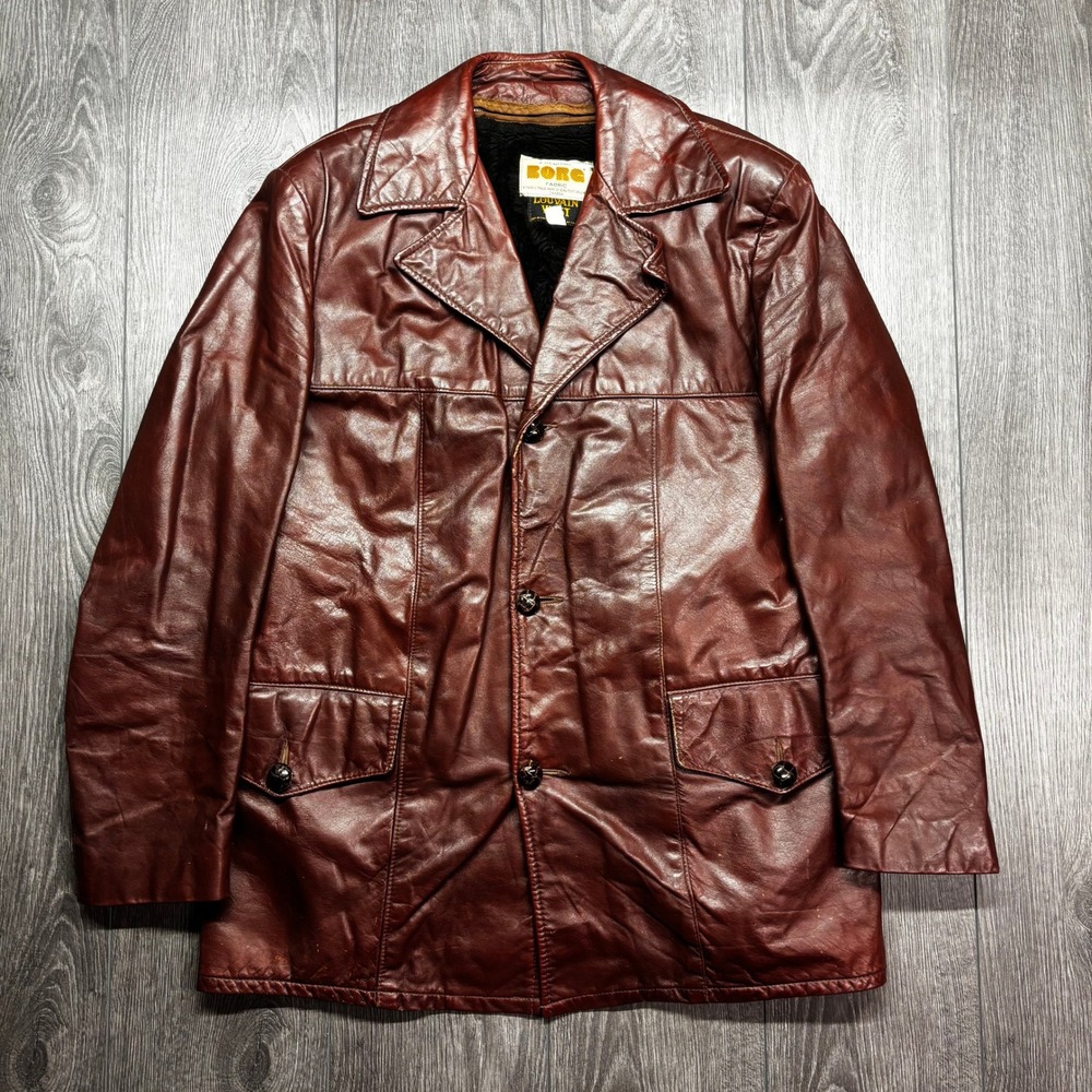 Vintage Louvain West Brown Leather Large Jacket Borg Faux Fur Lined Coat Mens 40